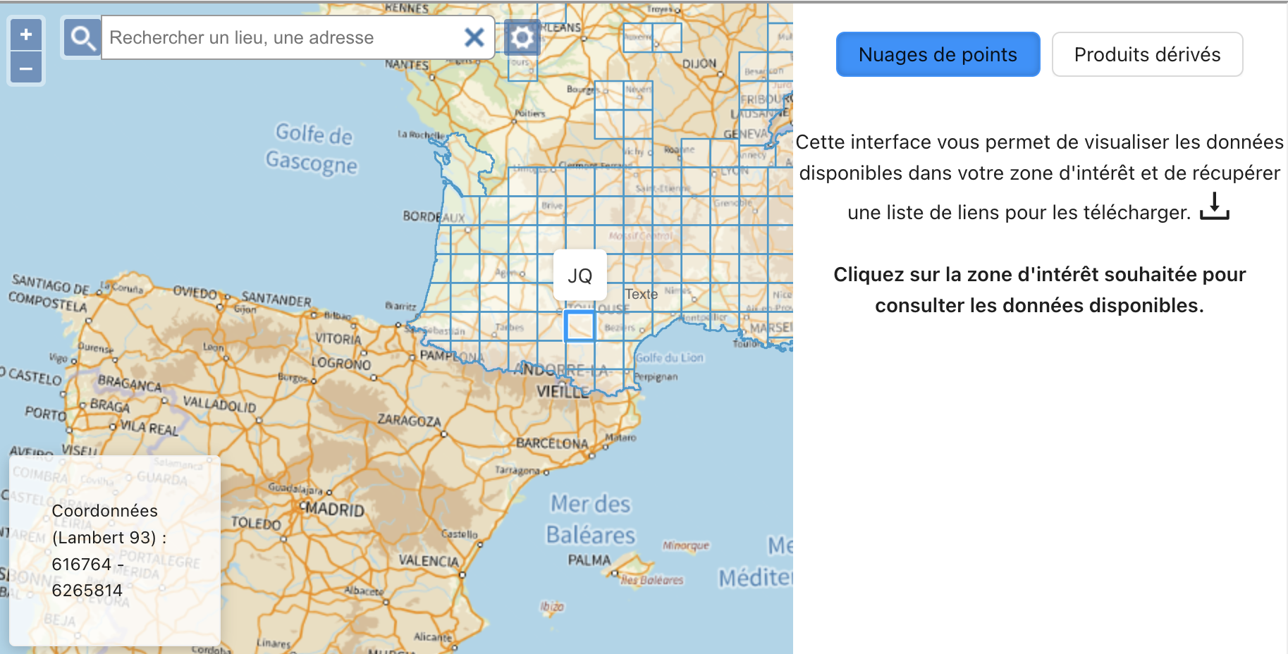 Carte de sélection des tuiles LiDAR