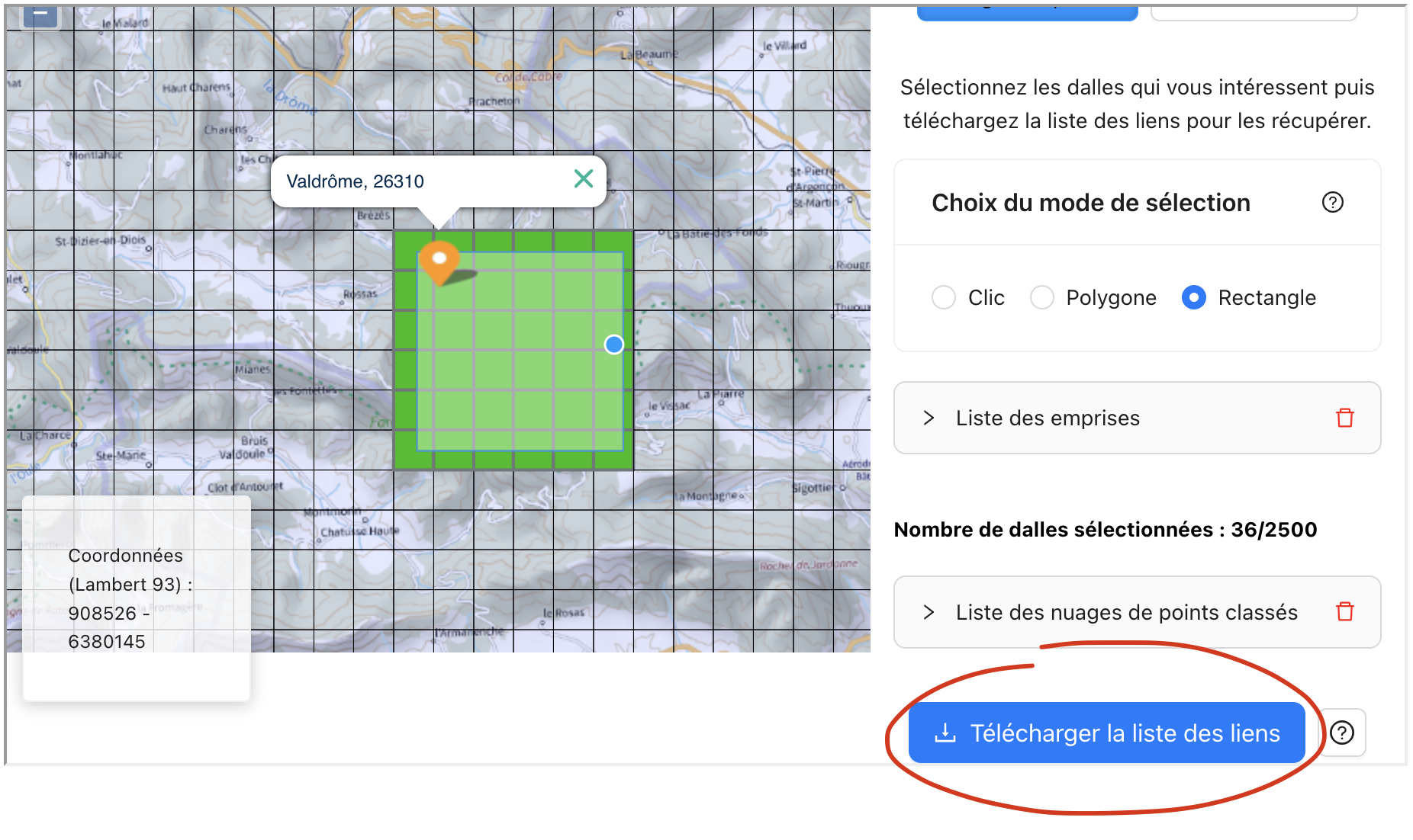 Téléchargement de la liste des tuiles