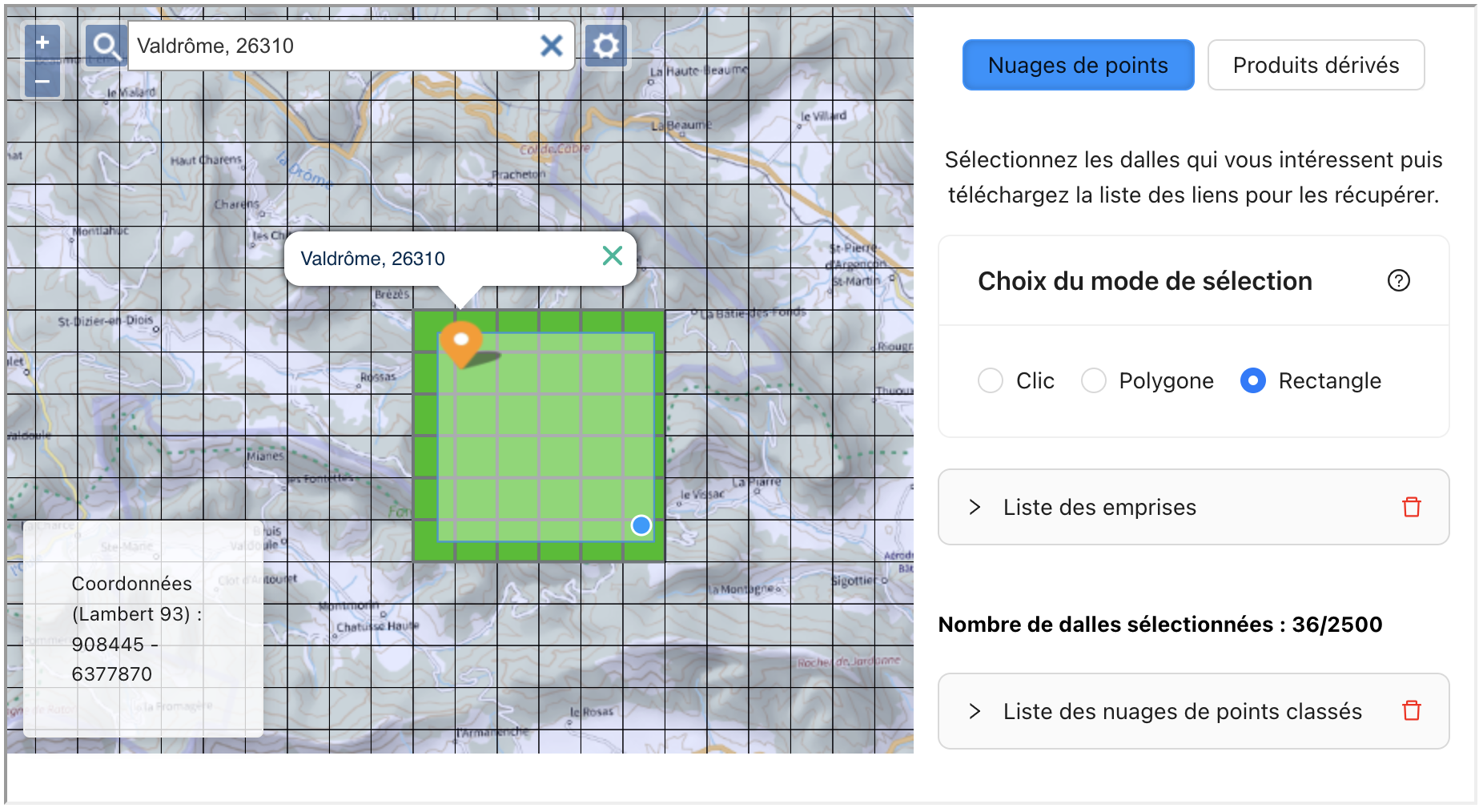 Sélection des tuiles LiDAR