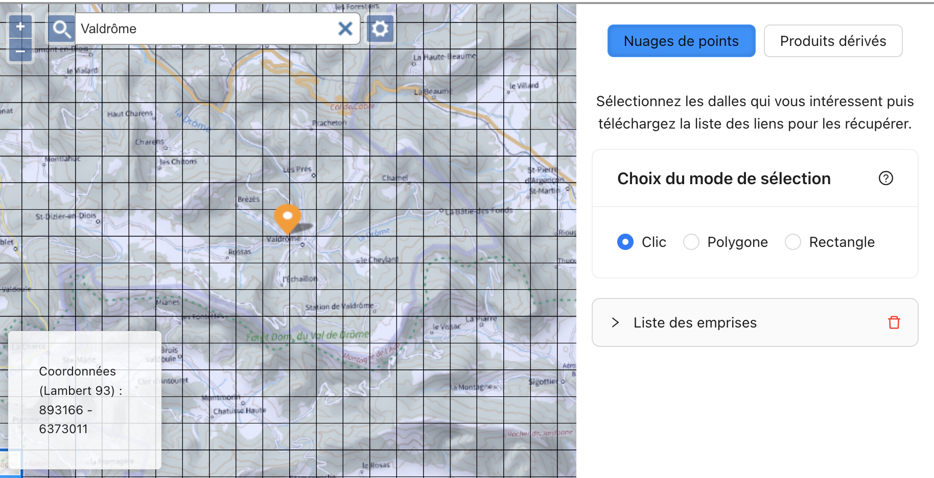 Zoom sur la carte des tuiles LiDAR